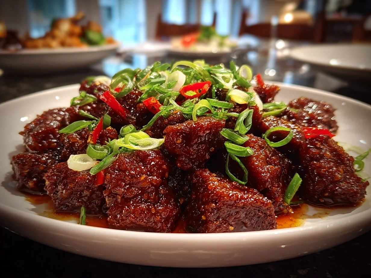 Crispy Chilli Beef garnished with sesame seeds and green onions.