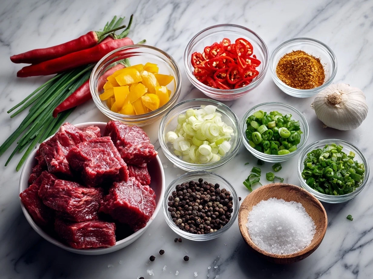 Ingredients for Crispy Chilli Beef including flank steak, cornstarch, garlic, ginger, chilies, and sauces.