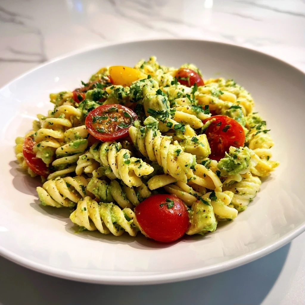 Delicious avocado pasta salad served in a bowl