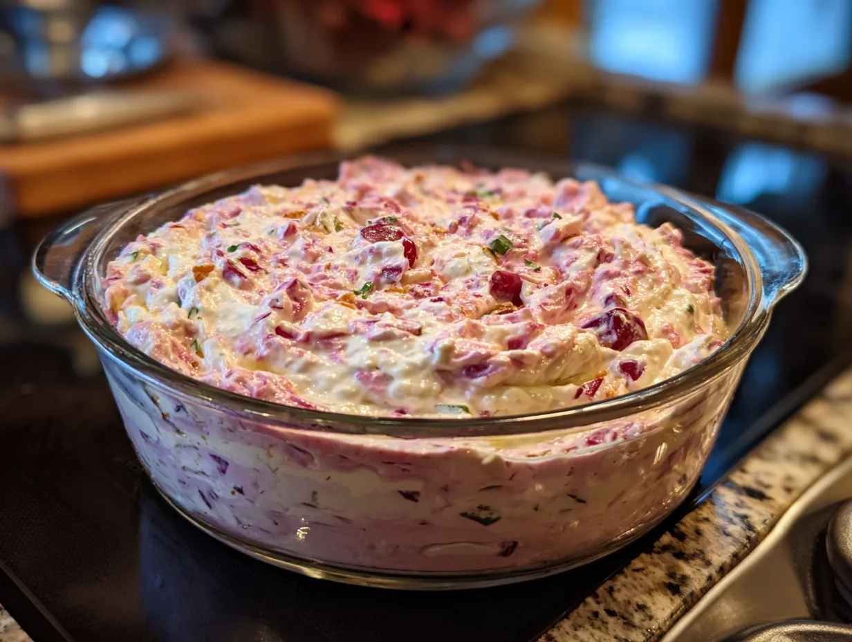 Delicious finished Cranberry Jalapeno Cream Cheese Dip in a serving bowl