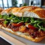 Delicious Crispy Chicken Caesar Sandwich on a Wooden Board