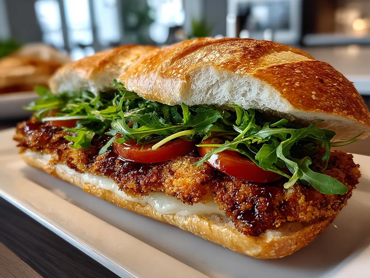 Delicious Crispy Chicken Caesar Sandwich on a Wooden Board