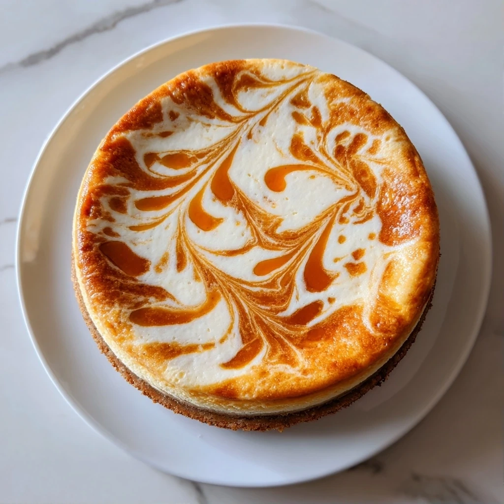 Delicious finished Cheesecake with Pumpkin Swirl with a perfect pumpkin swirl design.