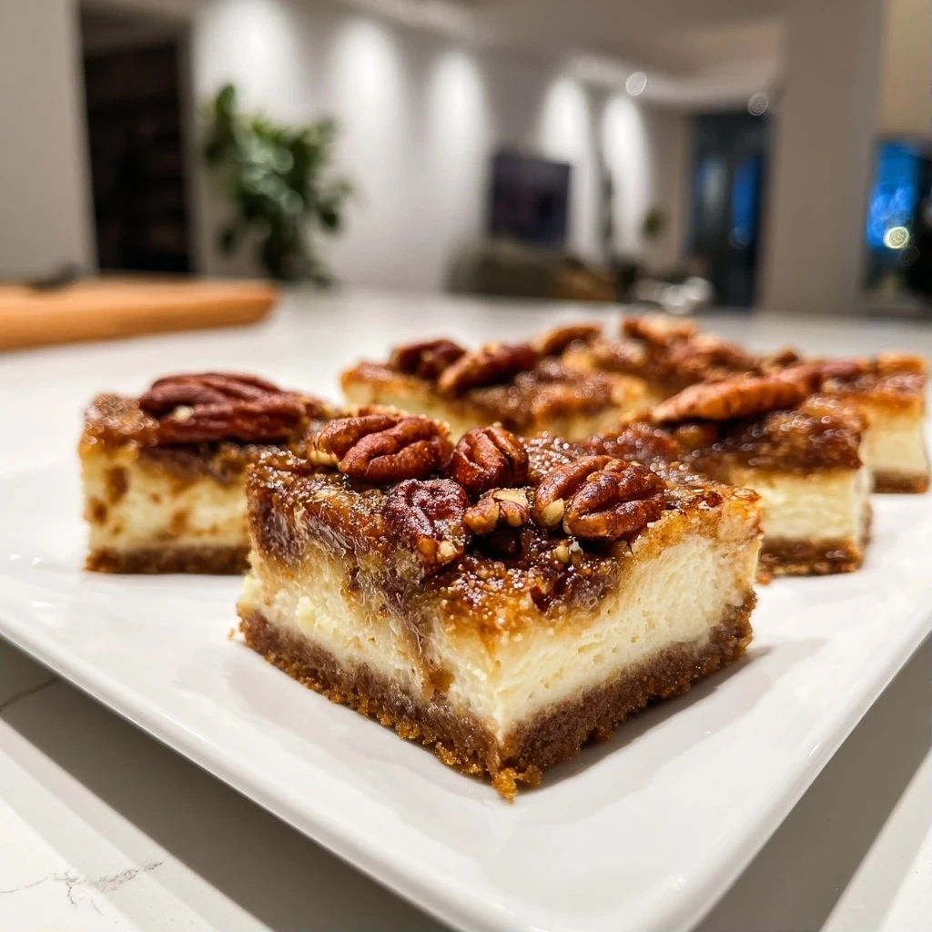 Perfectly baked pecan pie cheesecake bars, cut into squares and arranged beautifully, showcasing the rich pecan topping and creamy cheesecake layer.