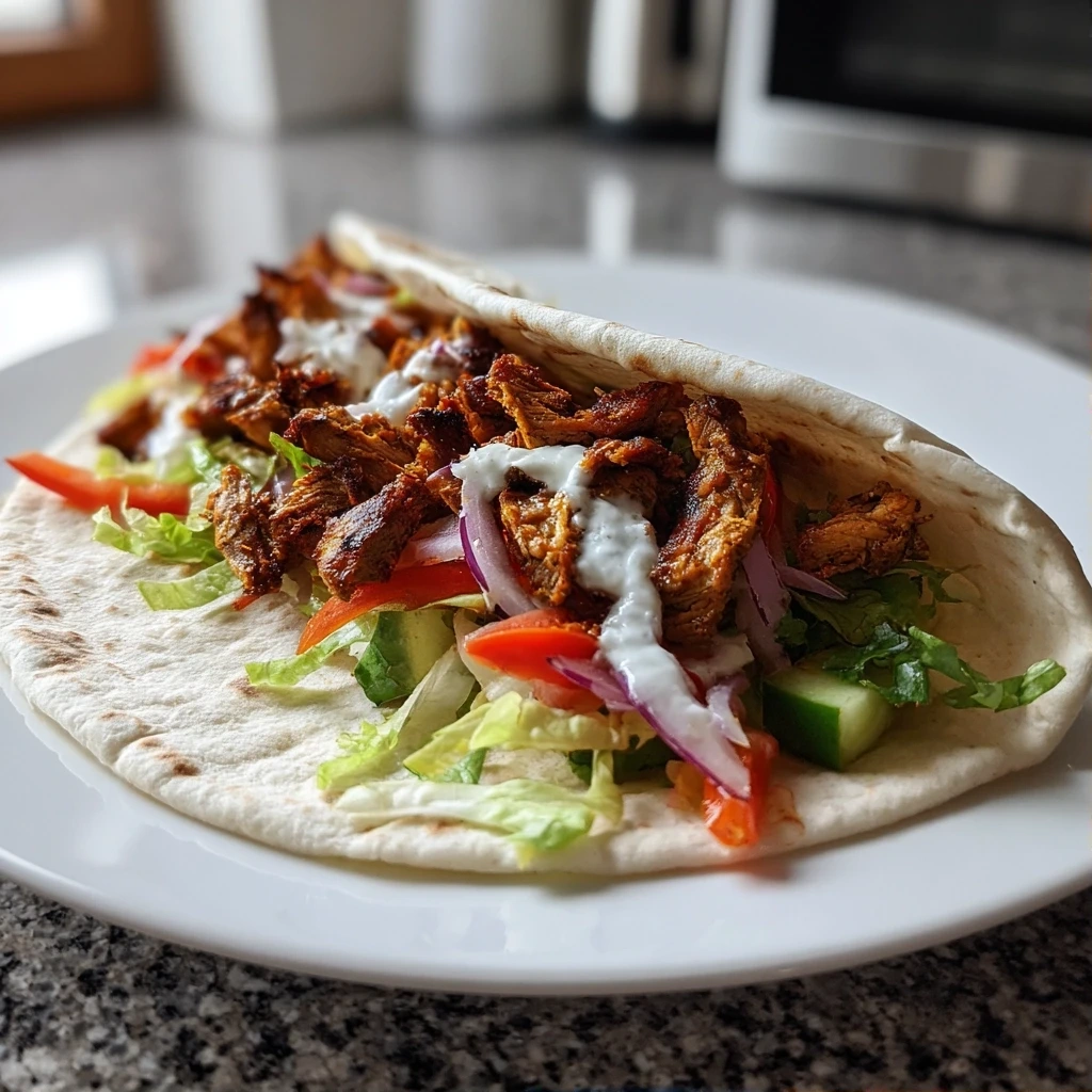 Delicious homemade chicken shawarma wrapped in pita bread with fresh toppings.