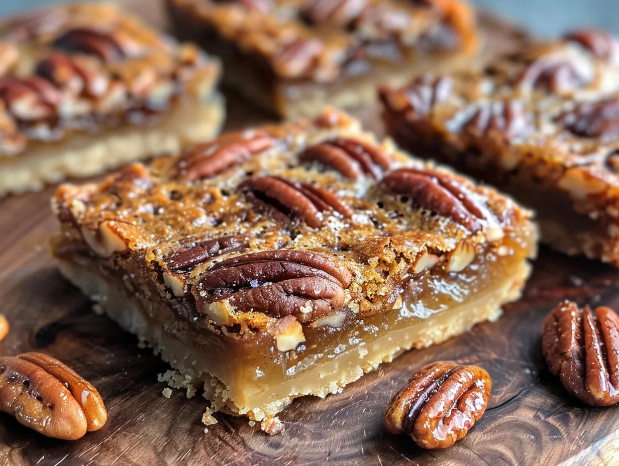 Delicious Salted Maple Pecan Pie Bars on a Wooden Board