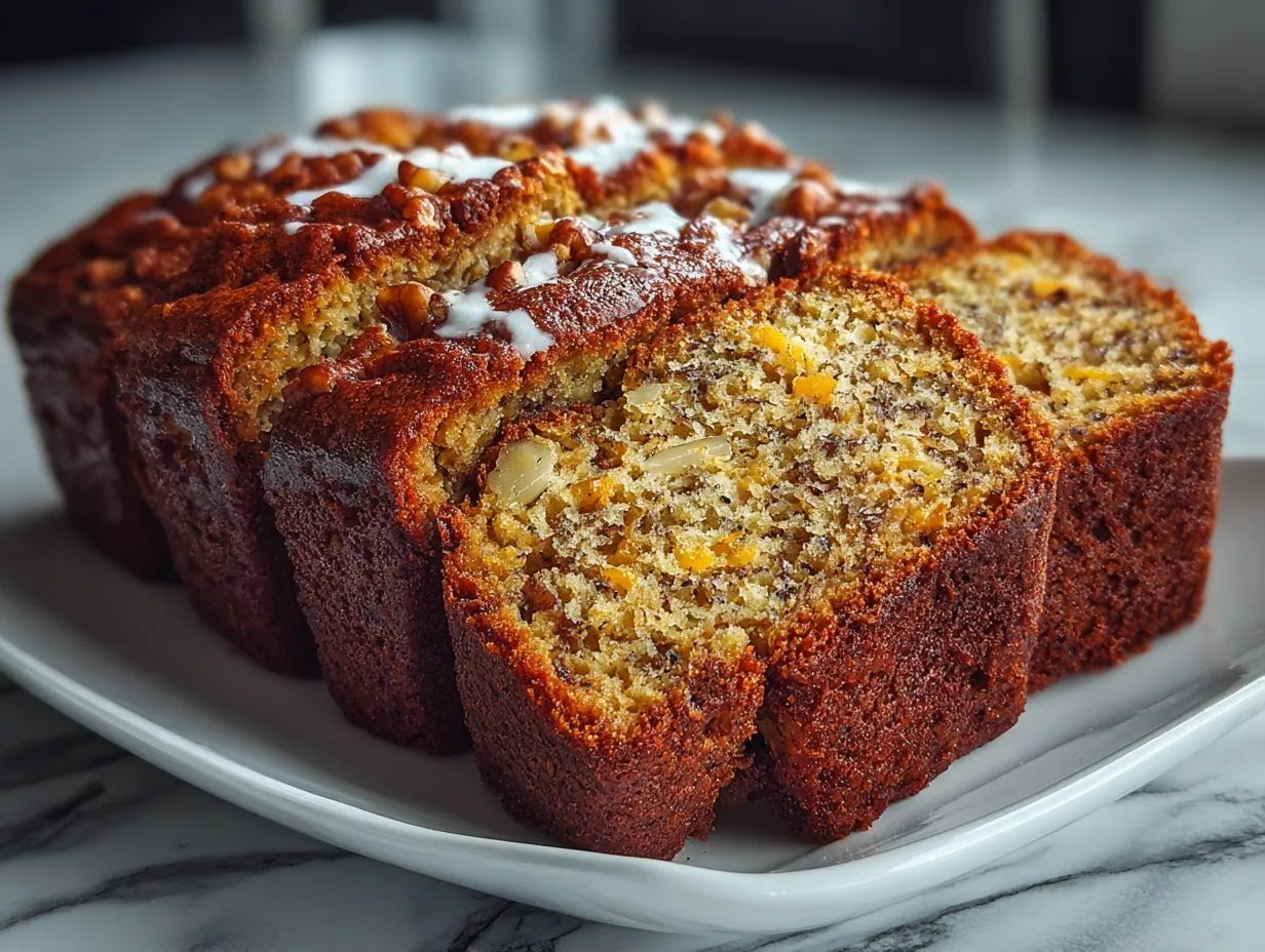 Slice of Carrot Cake Banana Bread served on a plate.