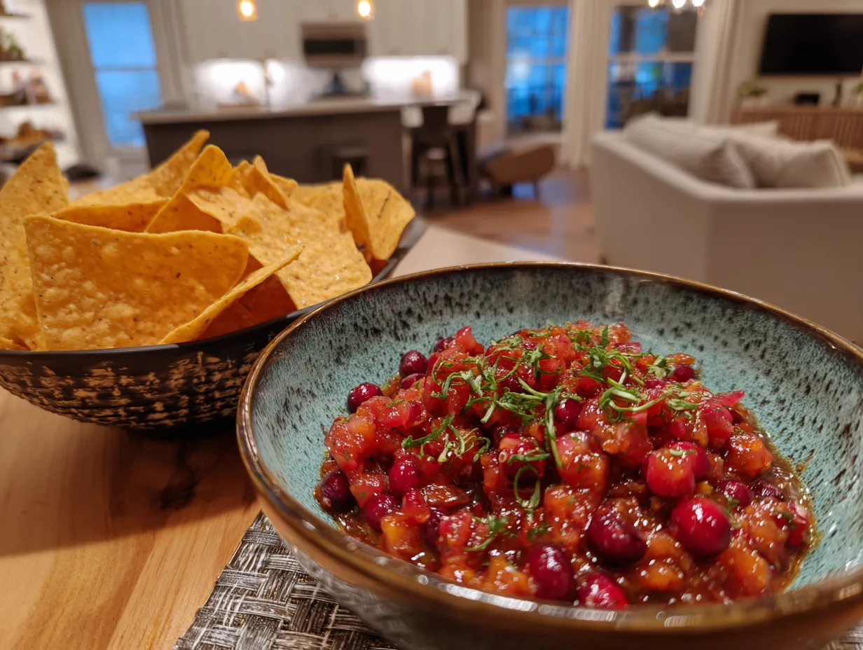 Family enjoying homemade spicy cranberry salsa with tortilla chips
