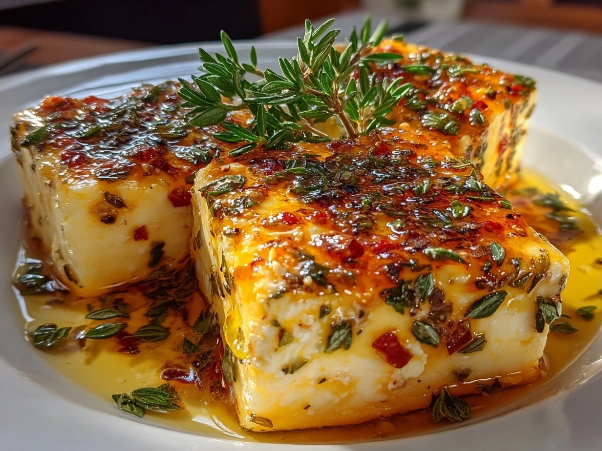 Close-up of delicious homemade marinated cheese with herbs.