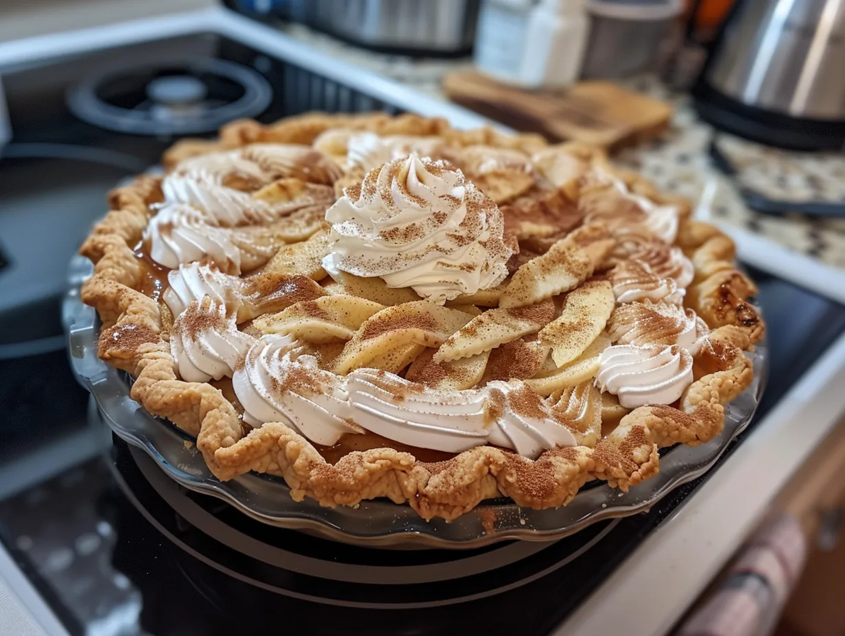 Finished apple butter pie with cinnamon whipped cream on display.