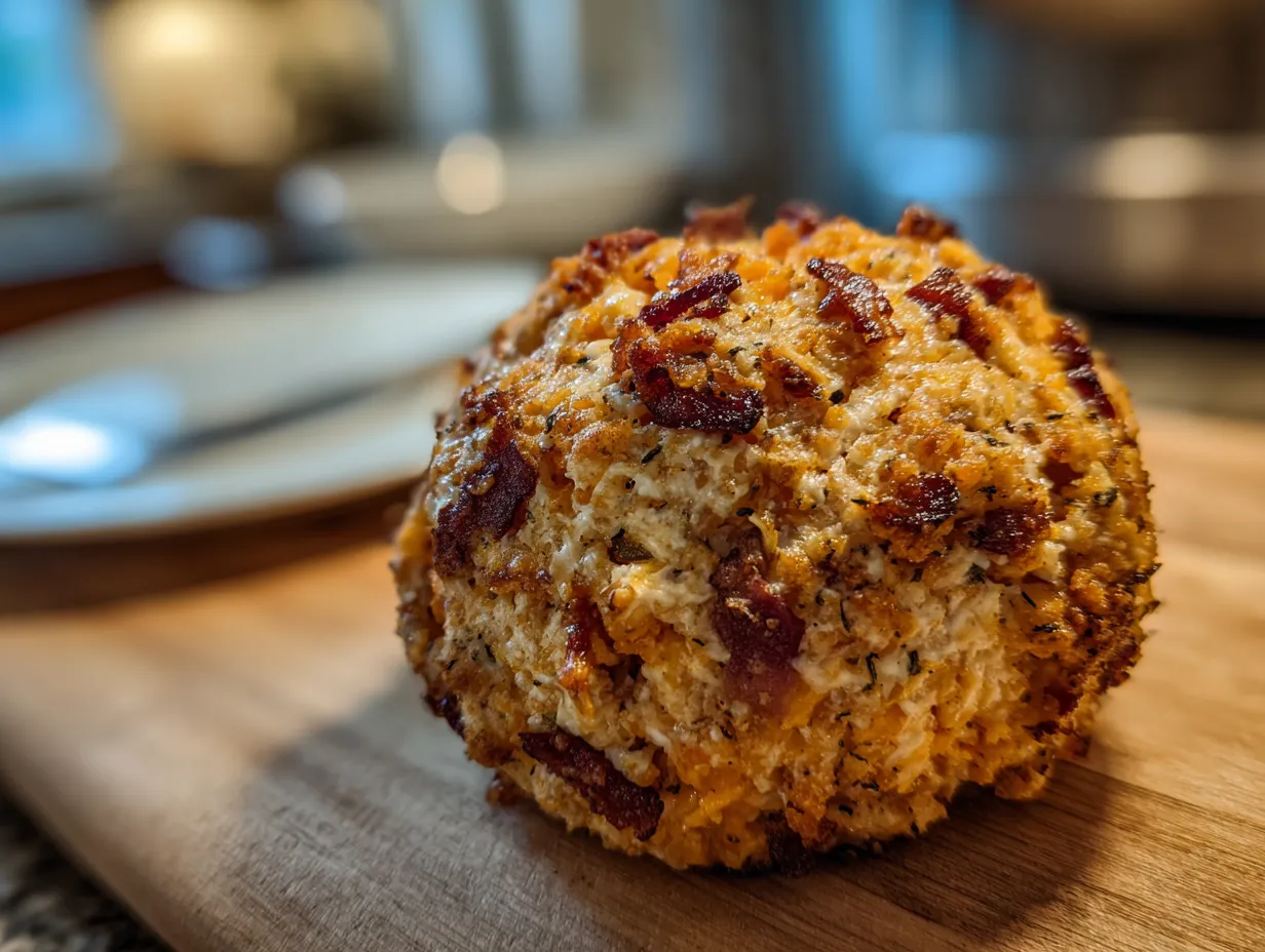 Finished Bacon Cheddar Cheese Ball on a plate with a handwritten note