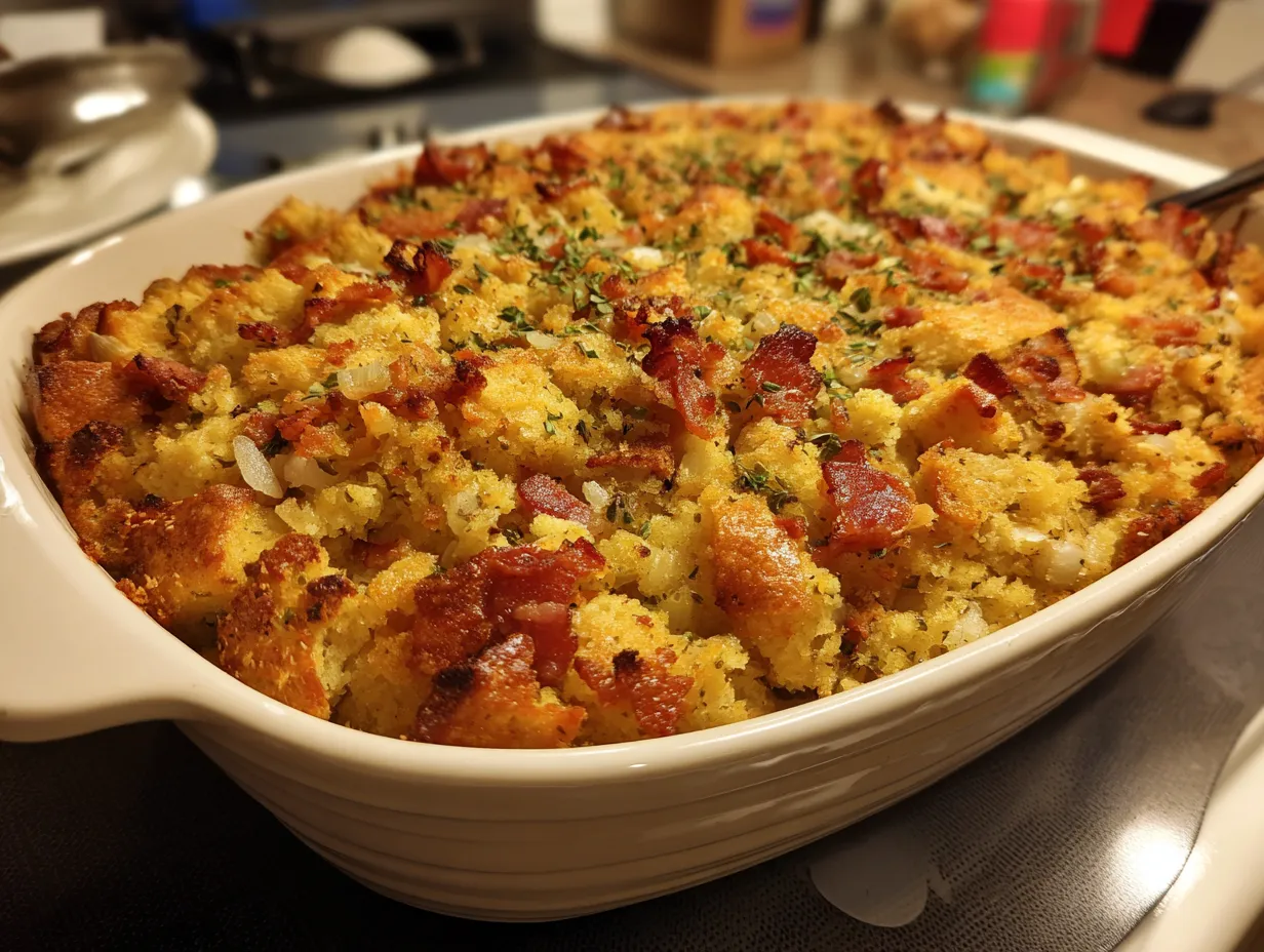 Finished bacon cornbread stuffing in a baking dish