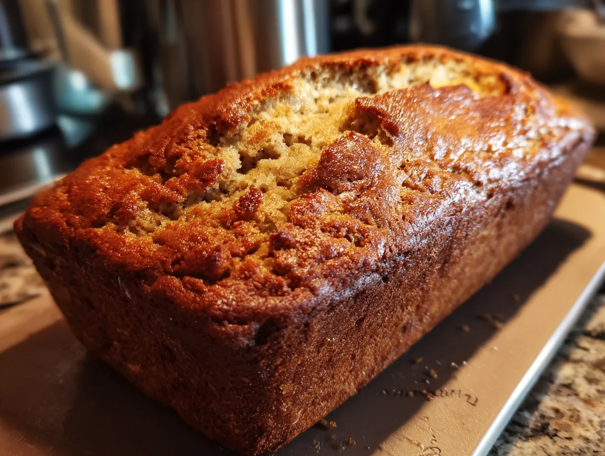 Finished banana bread loaf on a kitchen counter