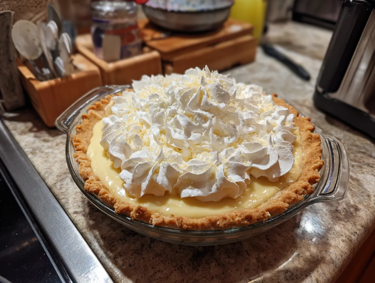 Finished Banana Cream Pie with whipped cream and banana slices