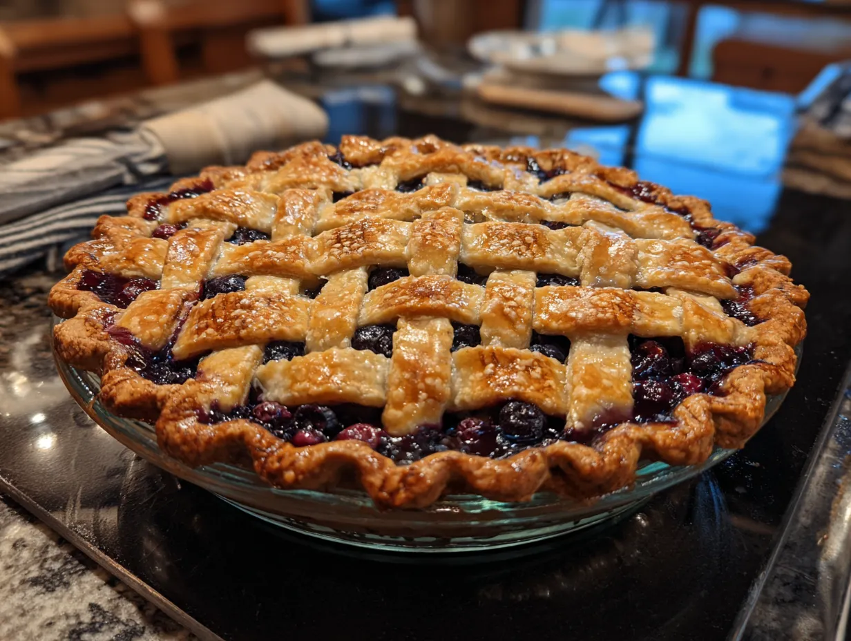 A finished blueberry pie on a table, ready to be served