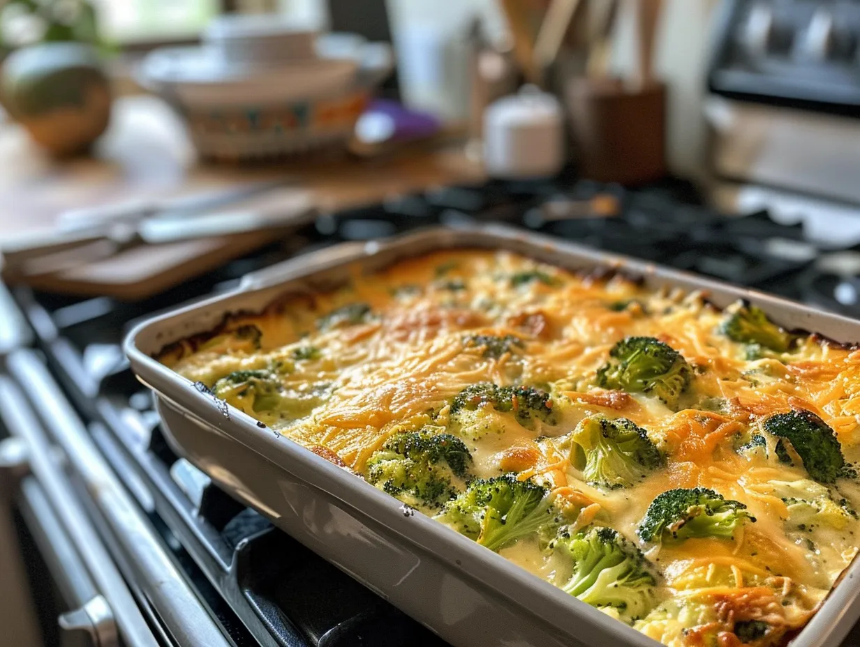 Finished broccoli cheese casserole dish on a wooden table