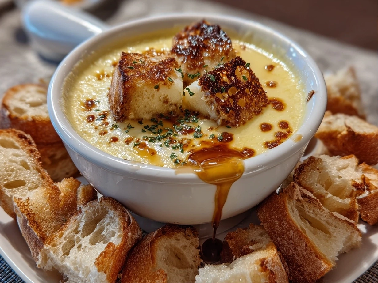 A bowl of finished cheese fondue with a smooth, creamy texture, ready for dipping. The fondue is served in a traditional ceramic fondue pot.
