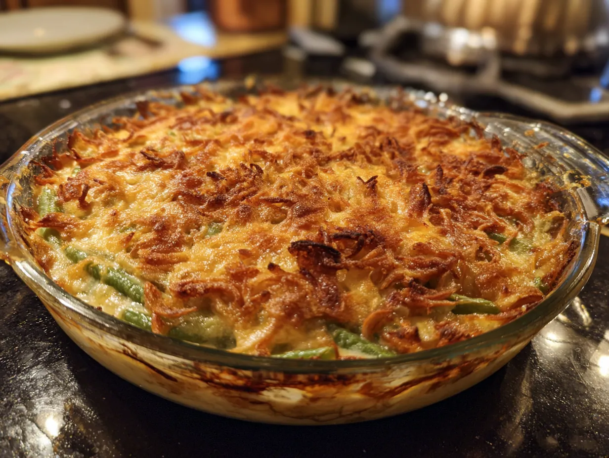 Finished Cheesy Green Bean Casserole with golden brown topping