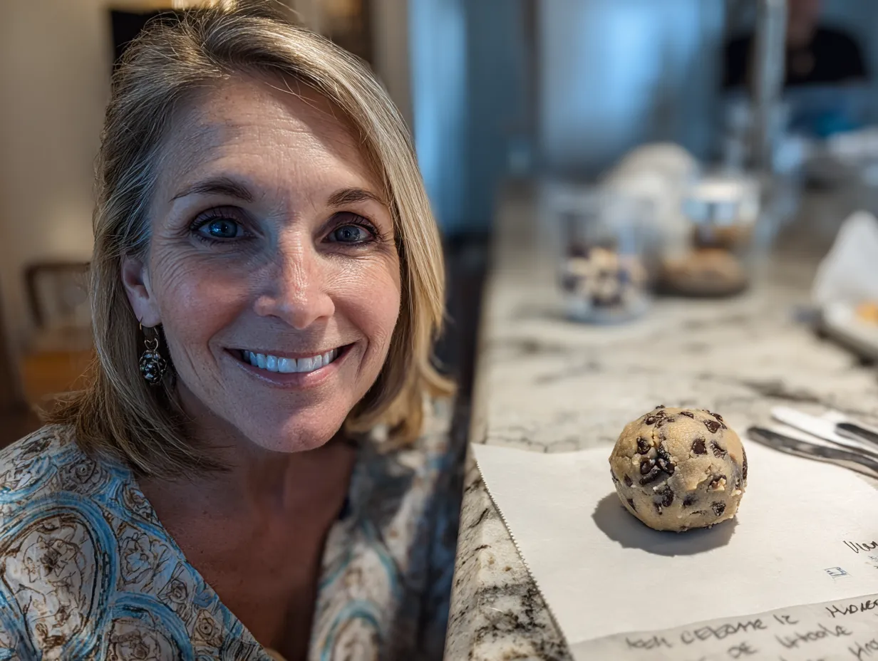 Finished Chocolate Chip Cheesecake Ball on a kitchen counter