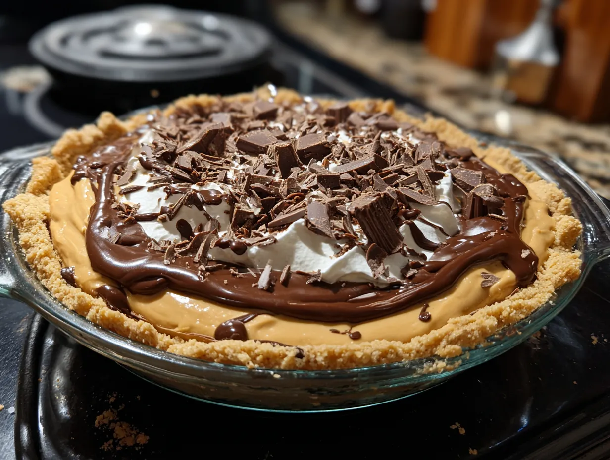 Finished Chocolate Peanut Butter Pie, sliced and ready to serve.