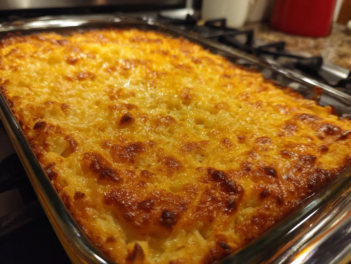 Finished Copycat Cracker Barrel Hashbrown Casserole ready to serve