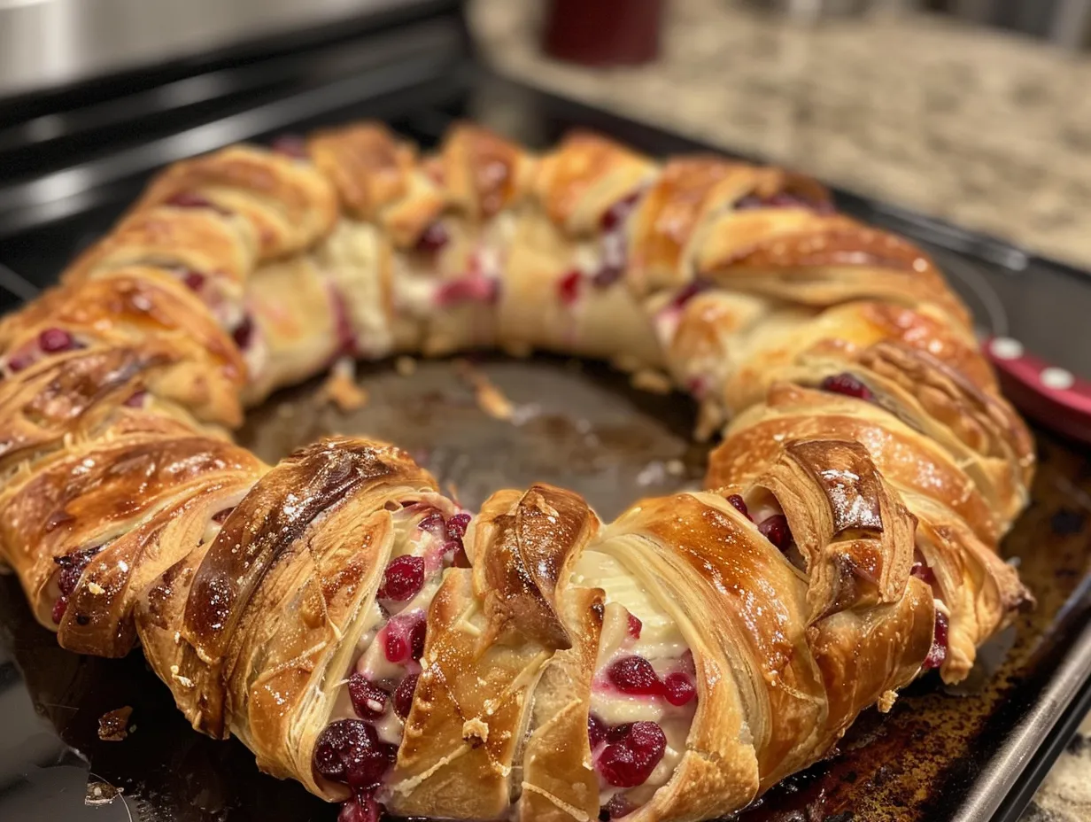 Finished Cranberry Brie Crescent Wreath ready to be served