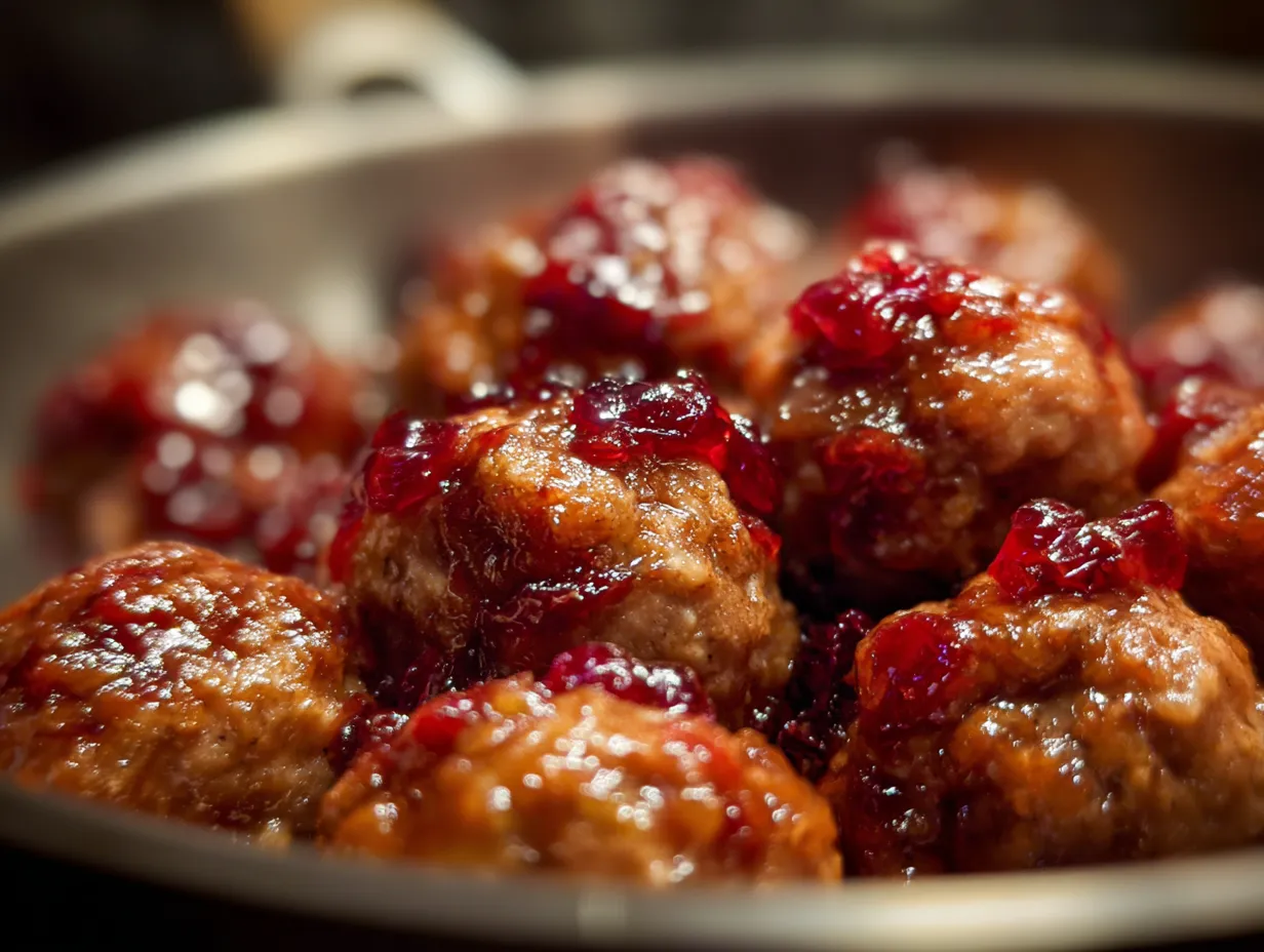 Finished cranberry meatballs in a bowl, ready to serve.