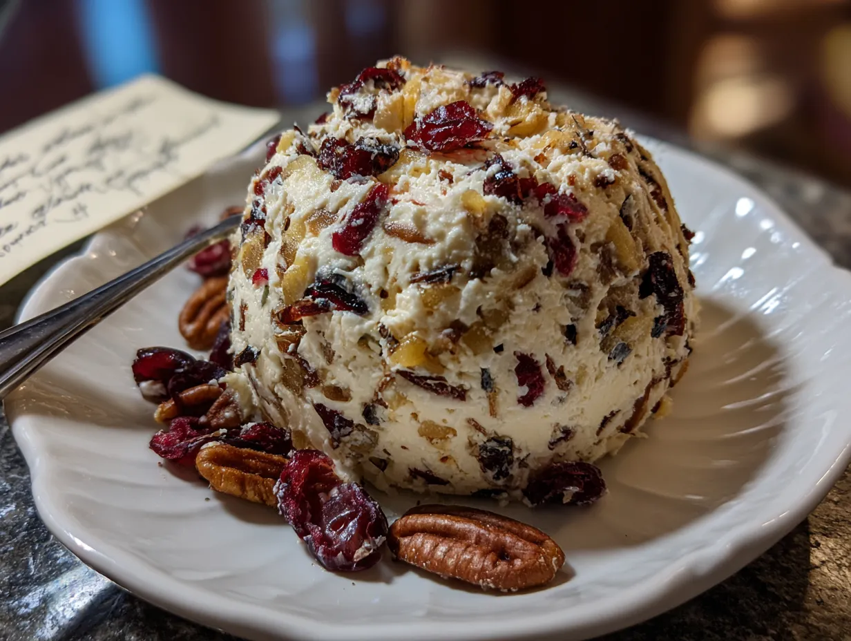 Finished Cranberry Pineapple Pecan Cheese Ball ready to serve
