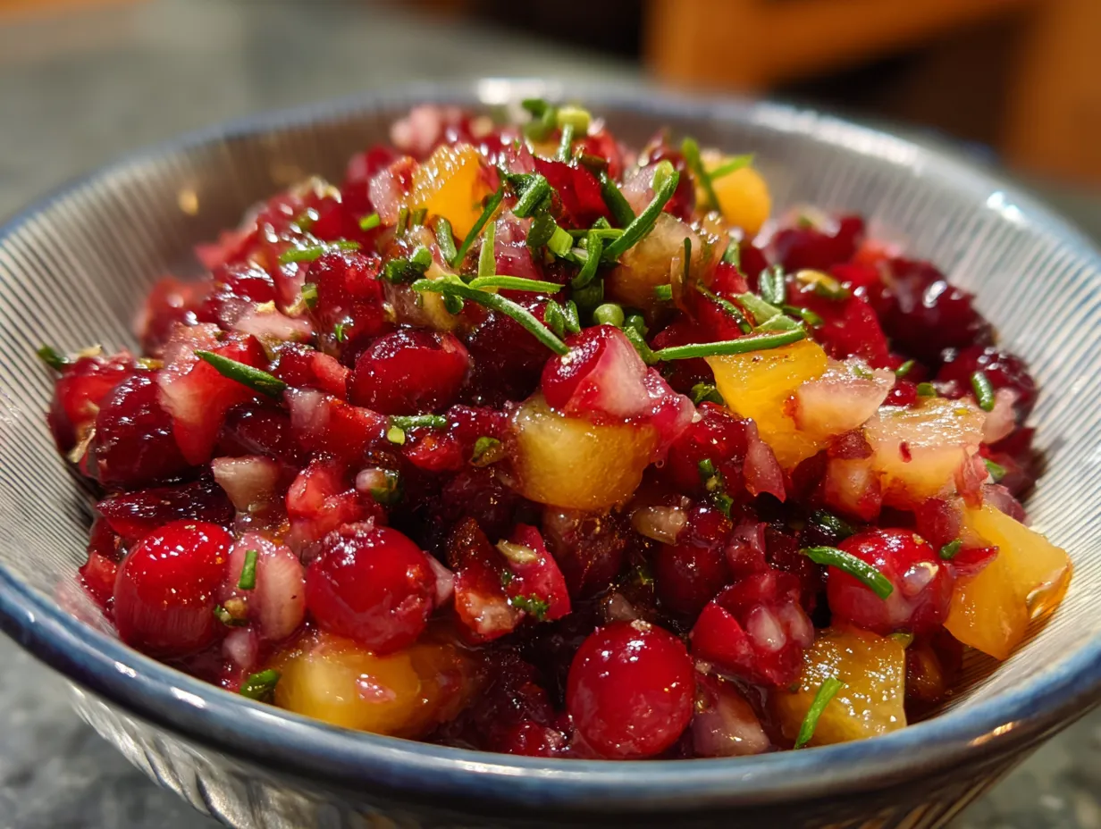 Finished Cranberry Salsa with a handwritten note beside it