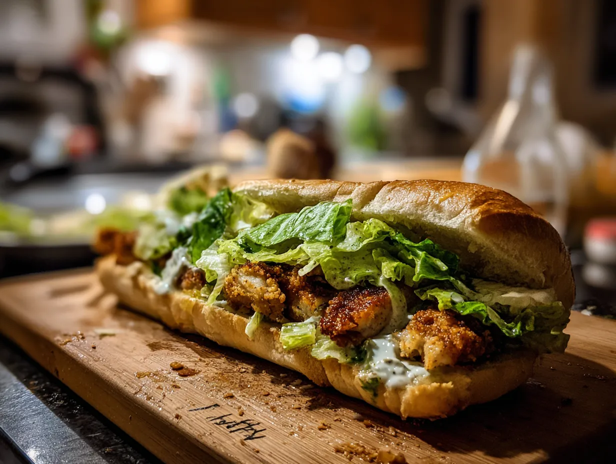 A perfectly assembled Crispy Chicken Caesar Sandwich on a kitchen counter.