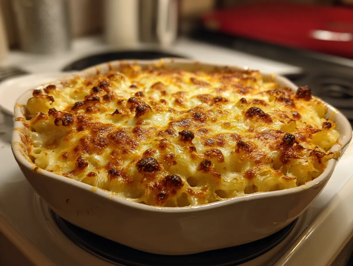 Finished crockpot mac and cheese served on a plate on a kitchen counter
