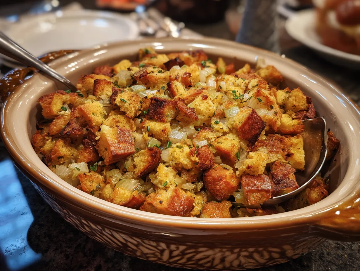 Delicious finished Crockpot Stuffing ready to be served
