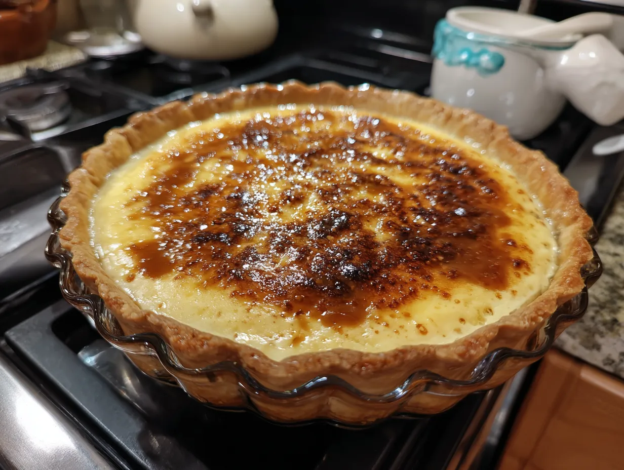 A perfectly baked Custard Pie with Praline Sauce, ready to be served.
