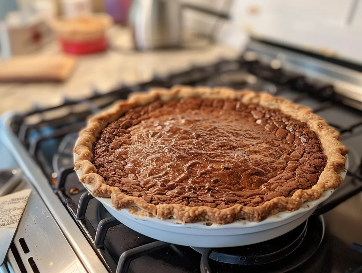 Finished Dark Chocolate Chess Pie cooling on a kitchen counter