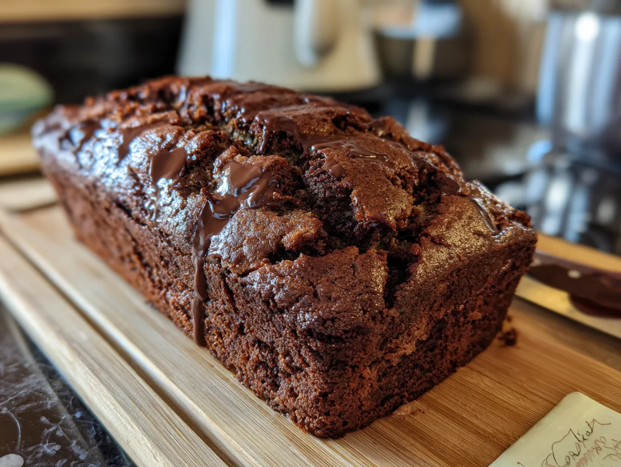 Finished Double Chocolate Banana Bread on a kitchen table, sliced and ready to eat