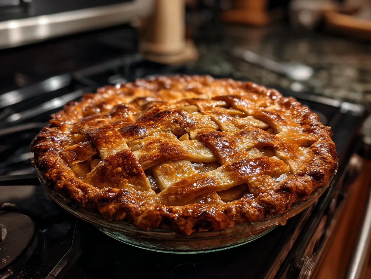 Finished Dutch Caramel Apple Pie with golden brown streusel topping