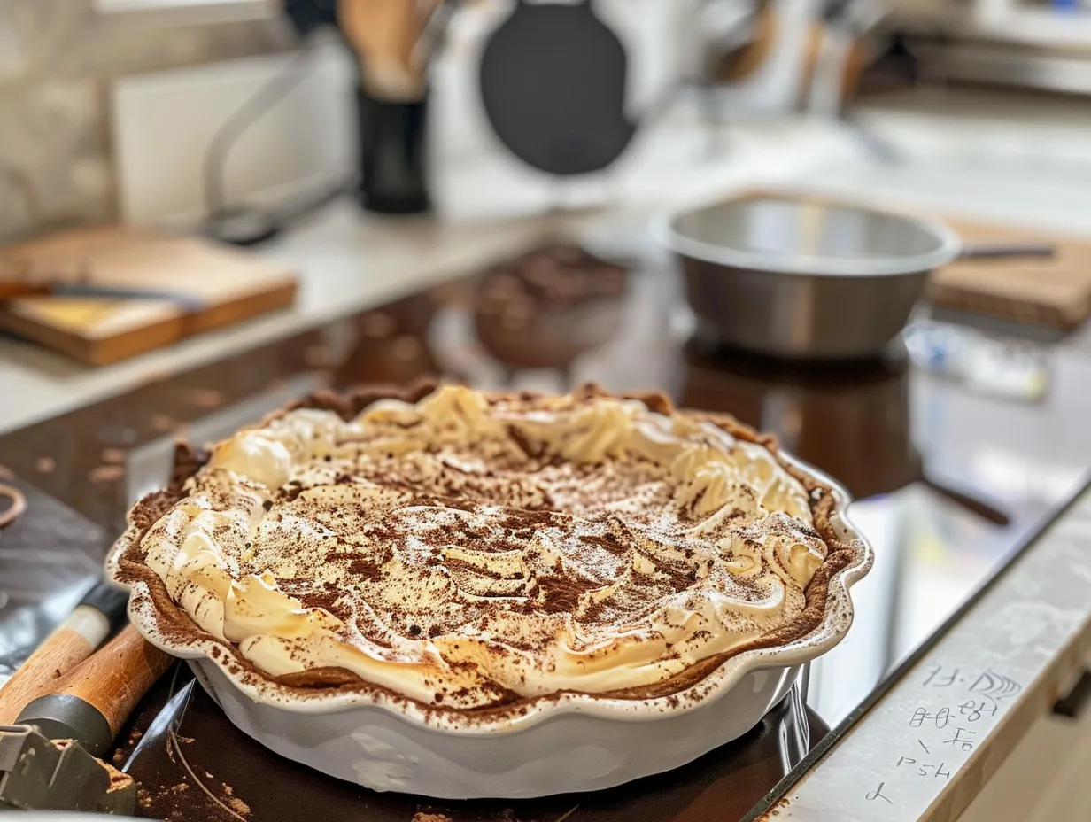 Finished French silk pie with whipped cream and chocolate shavings.