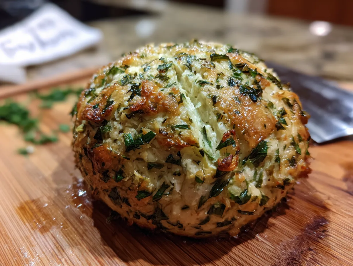 Finished garlic herb cheeseball coated in chopped nuts, sitting on a kitchen counter, ready to be served.