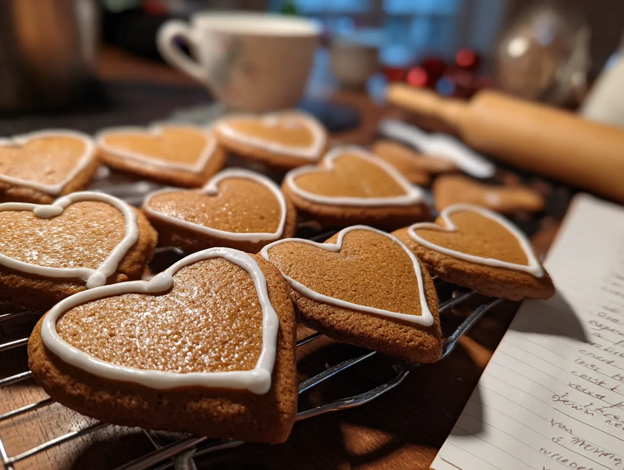 Finished gingerbread cookies decorated with icing, arranged on a countertop