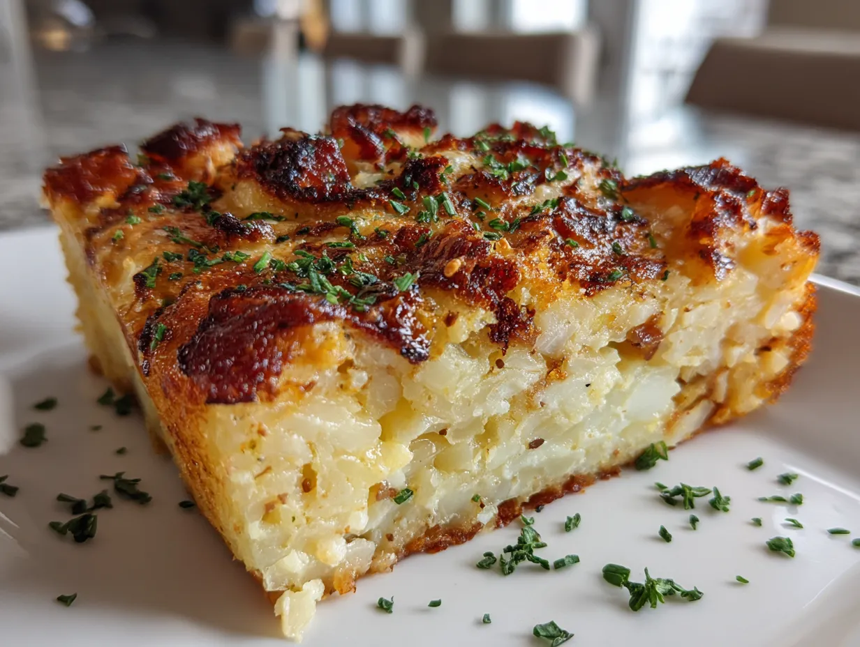 Finished hashbrown casserole, golden brown and ready to eat.