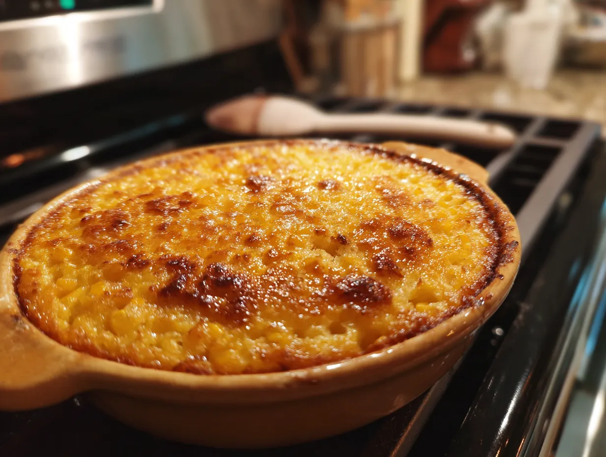 Finished Honey-Glazed Corn Casserole in a baking dish