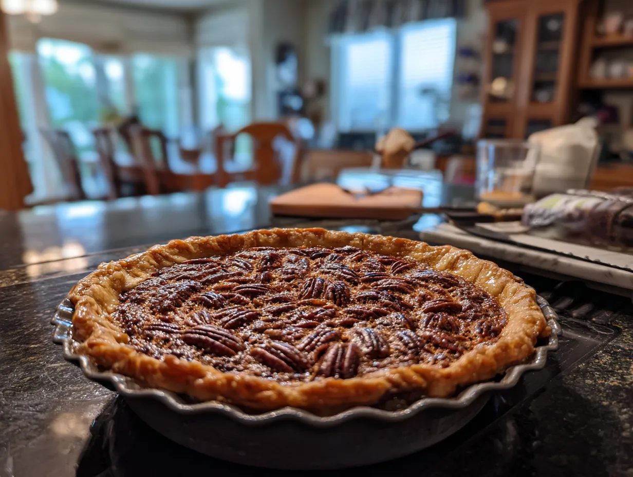 Finished layered chocolate pecan pie with a golden crust and rich chocolate and pecan filling.