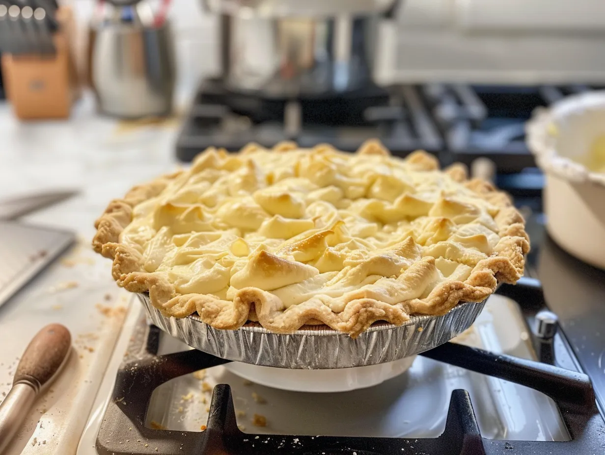Finished Maple Cream Pie displayed on a kitchen counter, showcasing its golden crust and creamy filling.