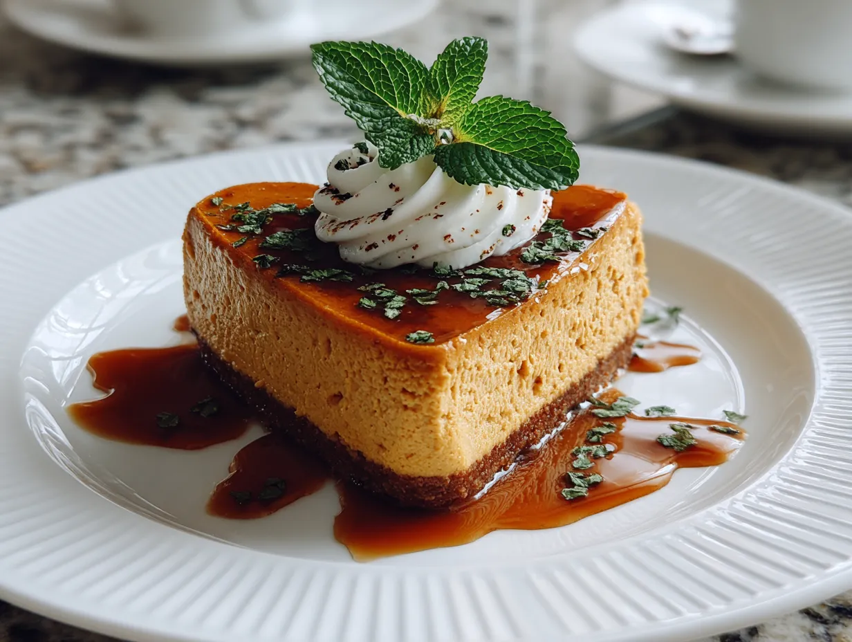 A beautifully decorated finished No-Bake Pumpkin Cheesecake with whipped cream and caramel drizzle.