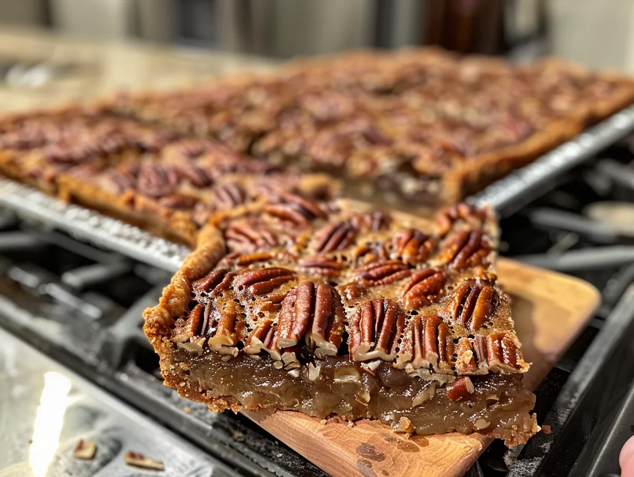 Delicious finished gooey pecan pie bars cut into squares and ready to serve.