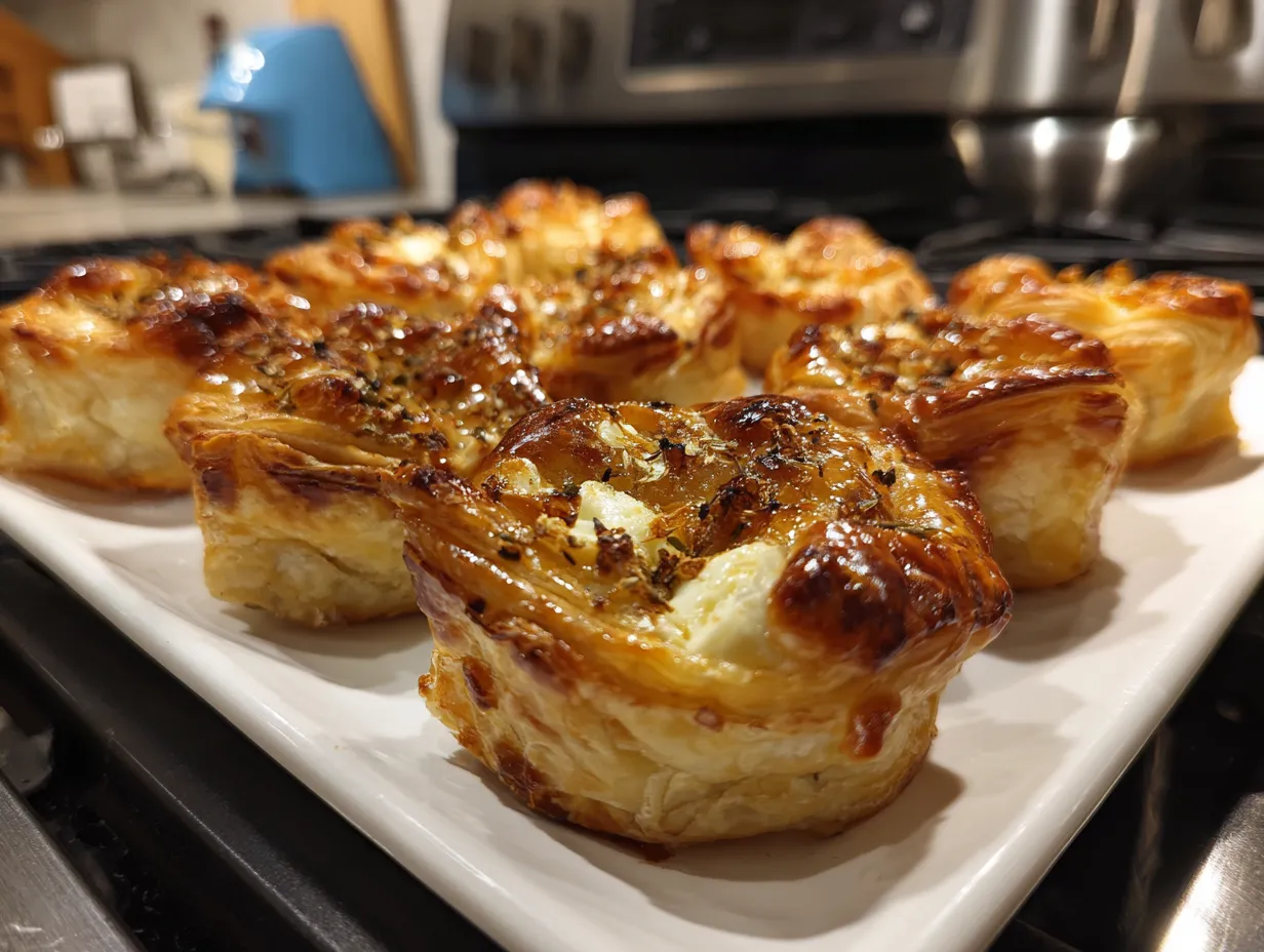 Finished puff pastry brie bites on a plate
