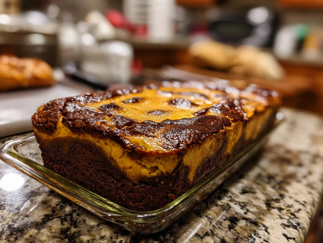 Finished Pumpkin Cheesecake Brownies on a kitchen counter with a handwritten recipe card