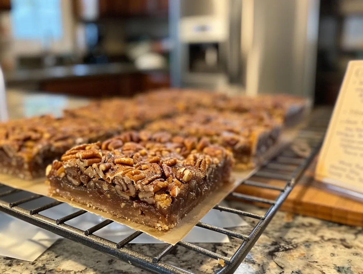 Finished salted maple pecan pie bars arranged on a kitchen counter