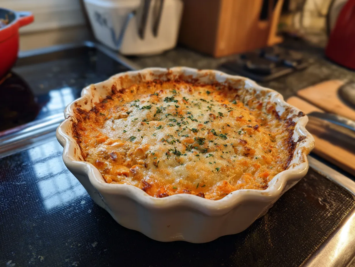 A finished Slow Cooker Buffalo Chicken Dip in a slow cooker, garnished with blue cheese crumbles and green onions.