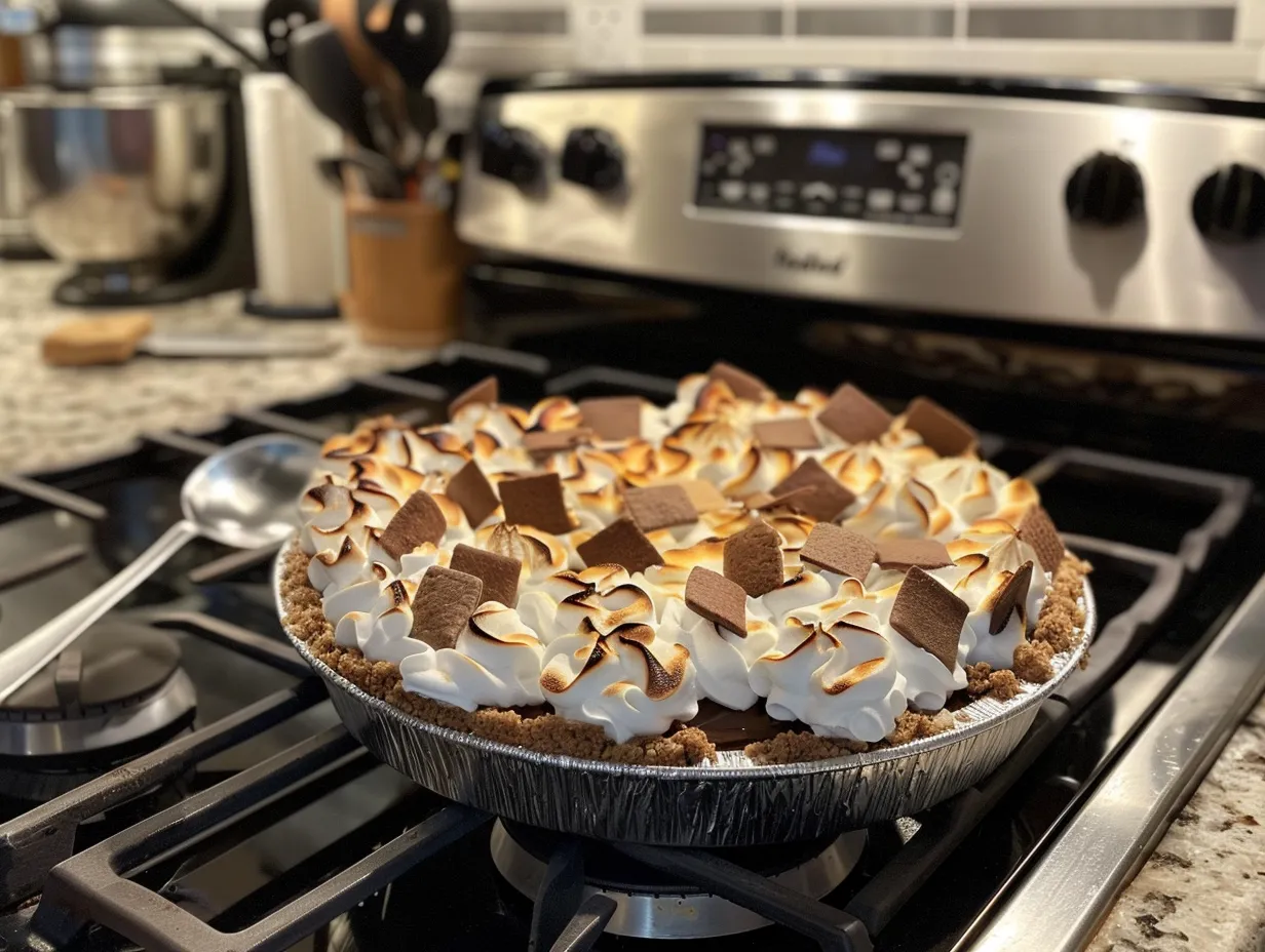 Finished Smores Pie with toasted marshmallows, ready to serve